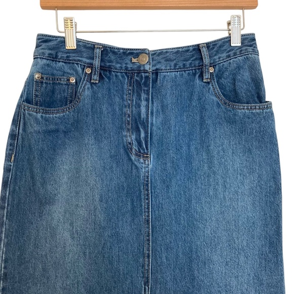 HOUSE OF HARLOW 1960 Denim Midi Pencil Skirt High Rise Split Front Blue - Picture 5 of 9